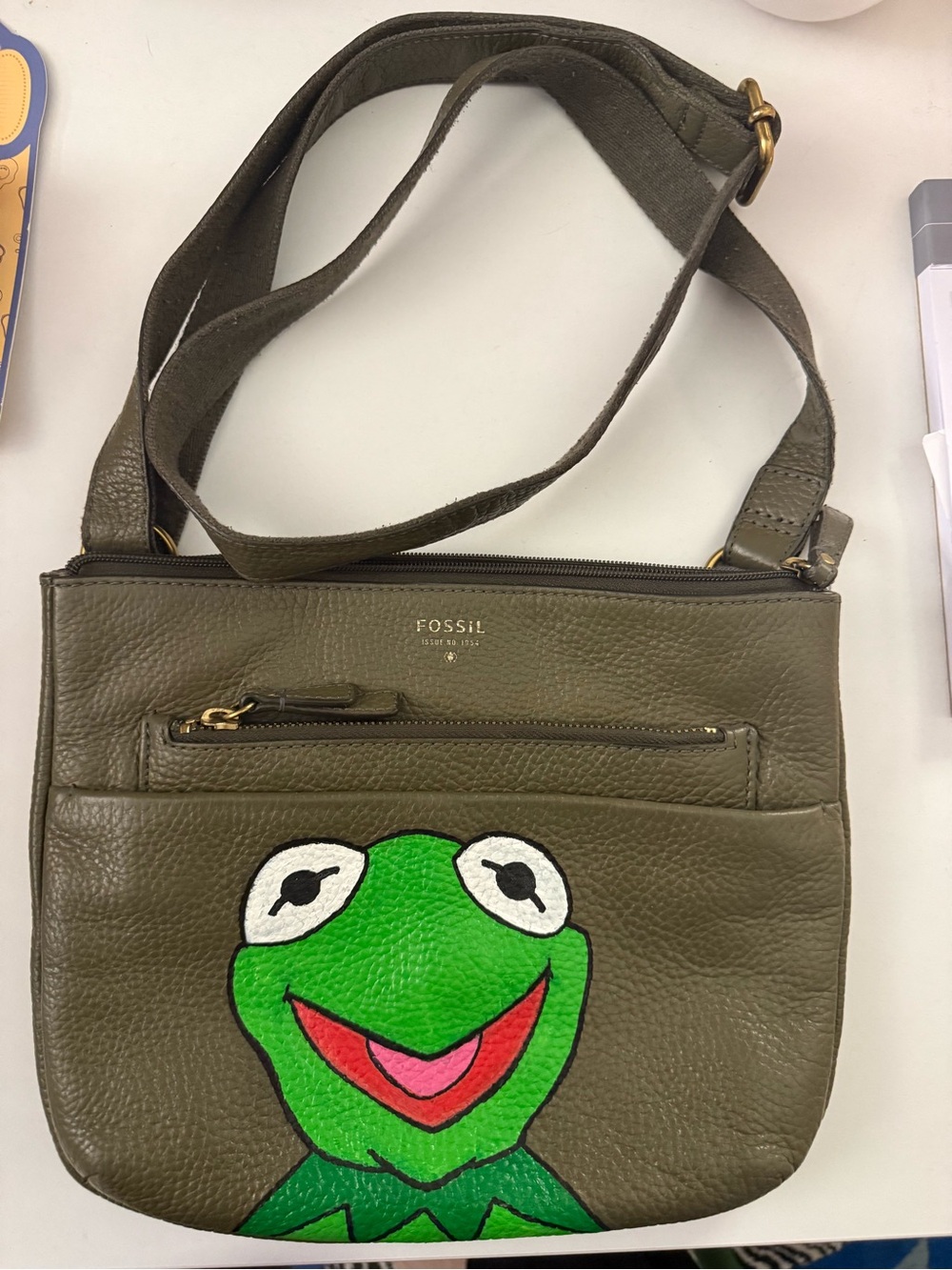 Fossil Olive Green Hand painted Kermit The Frog Crossbody Bag